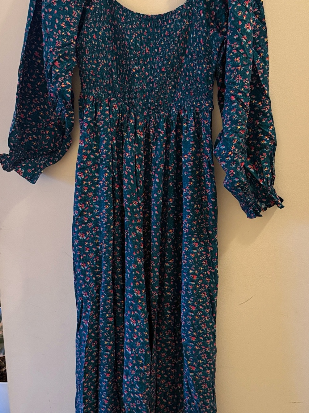 Smocked Long-Sleeve Floral Jumpsuit in Teal - Picture 2 of 4